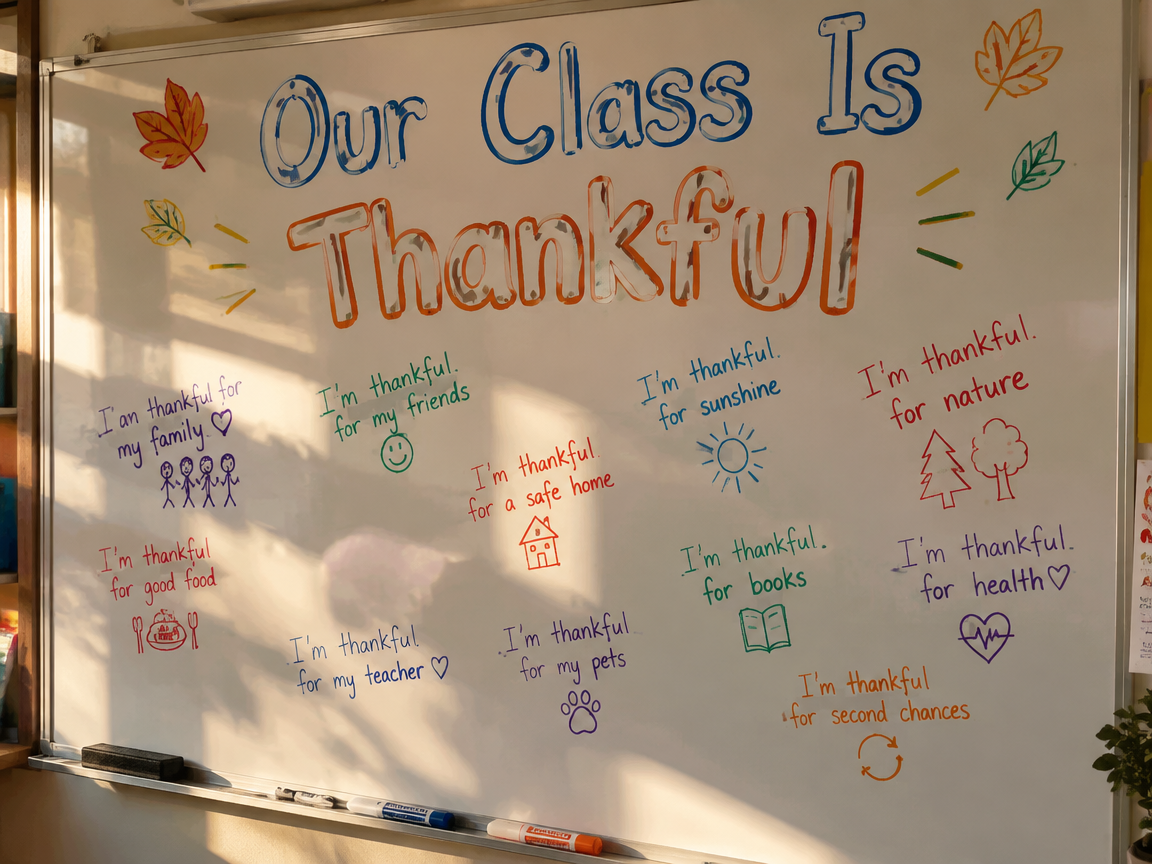 Our class is thankful collaborative whiteboard with student responses