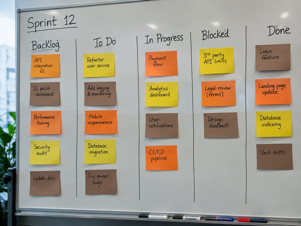 Agile sprint board whiteboard with fall color-coded task cards