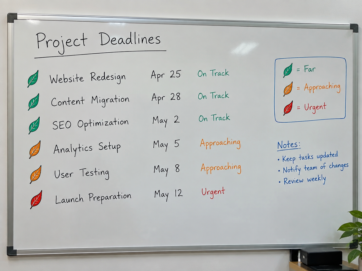 Deadline tracker whiteboard with color-changing leaf urgency icons