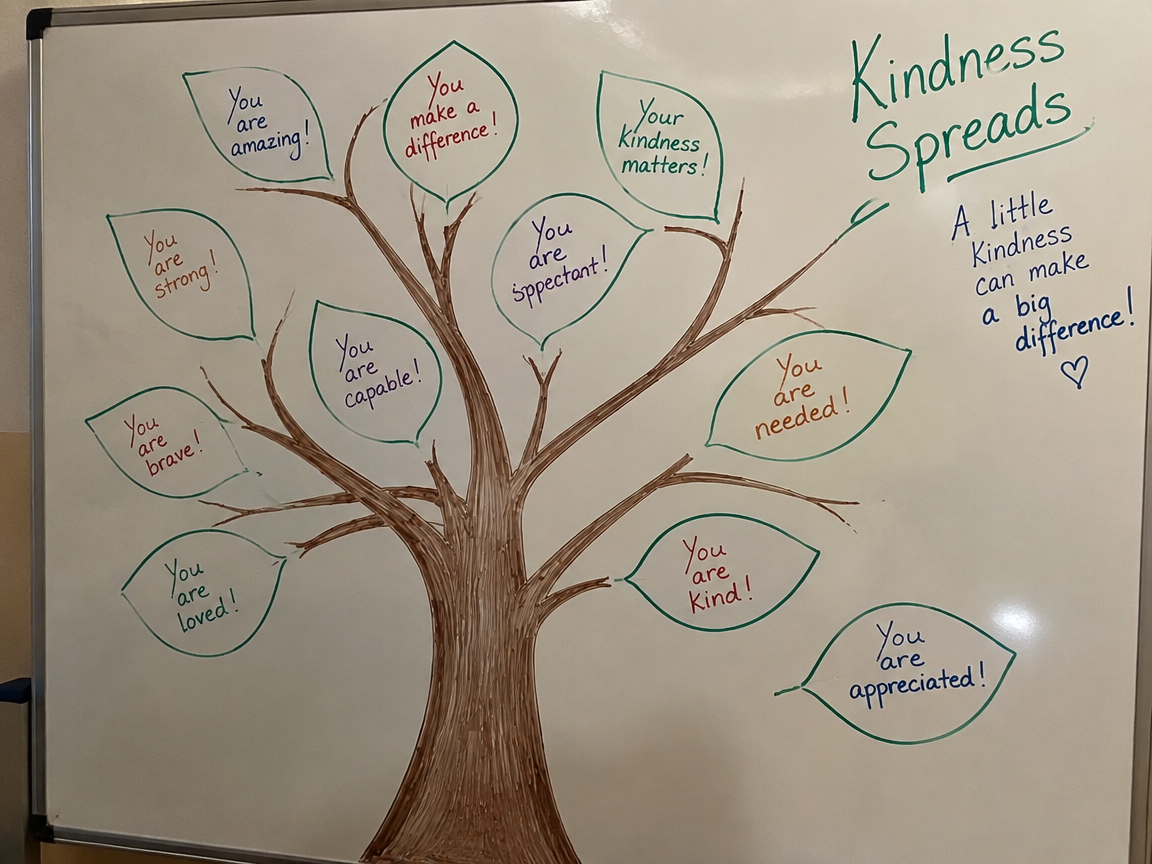 Compliment tree whiteboard with leaf-shaped kind notes on branches