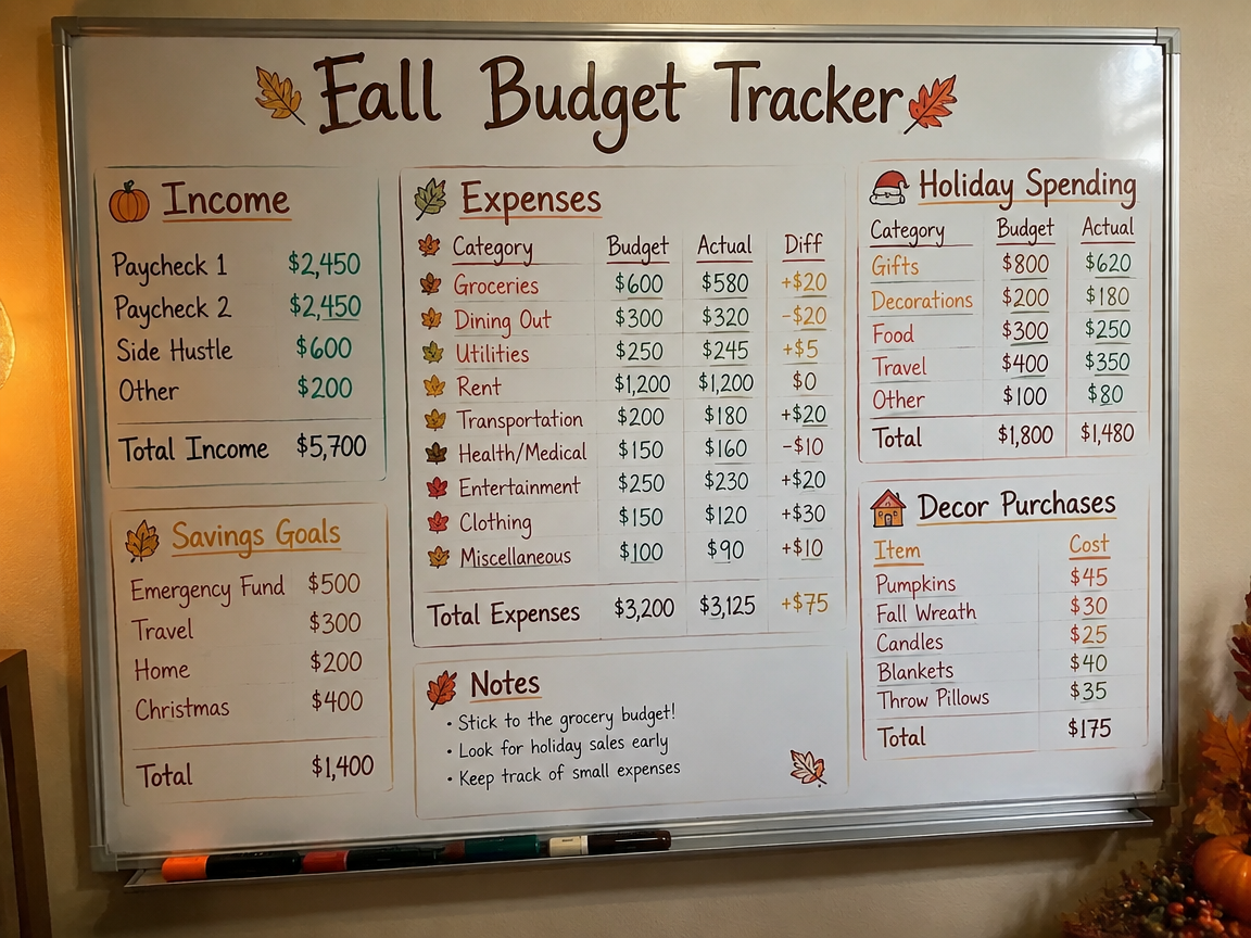 Fall budget tracker whiteboard with seasonal category labels