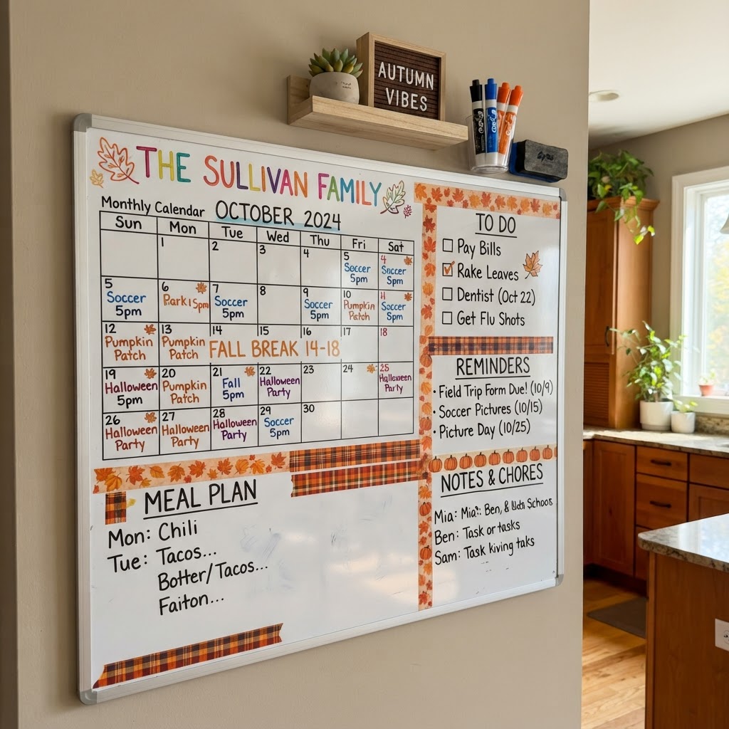 Family command center whiteboard with calendar and to-do sections
