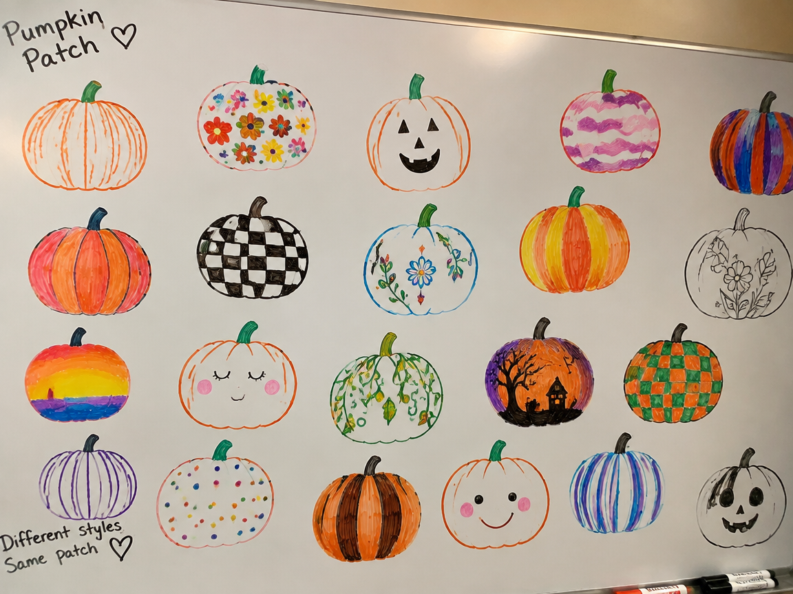 Collaborative pumpkin patch whiteboard with individually decorated pumpkins