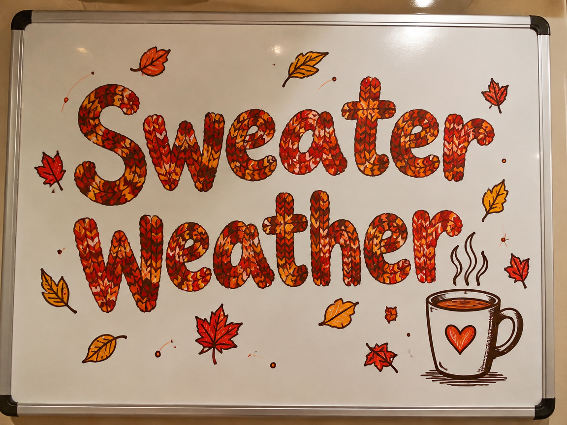 Sweater weather typography whiteboard with knit-style letters and falling leaves