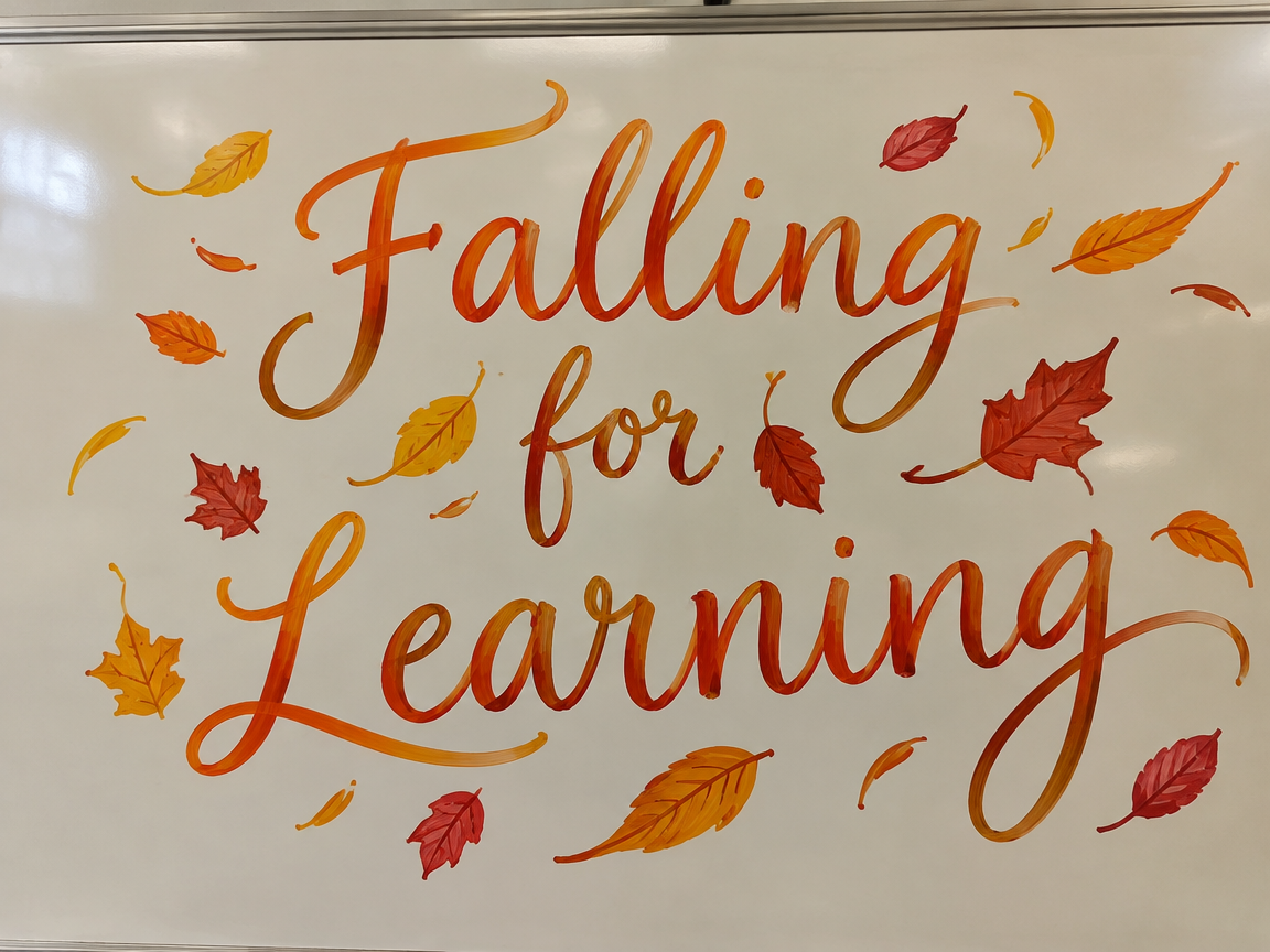 Falling for Learning header whiteboard with cursive letters and leaves