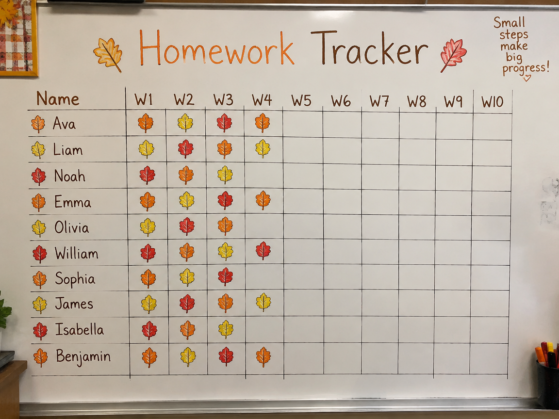 Homework tracker whiteboard with leaf icons for completed assignments