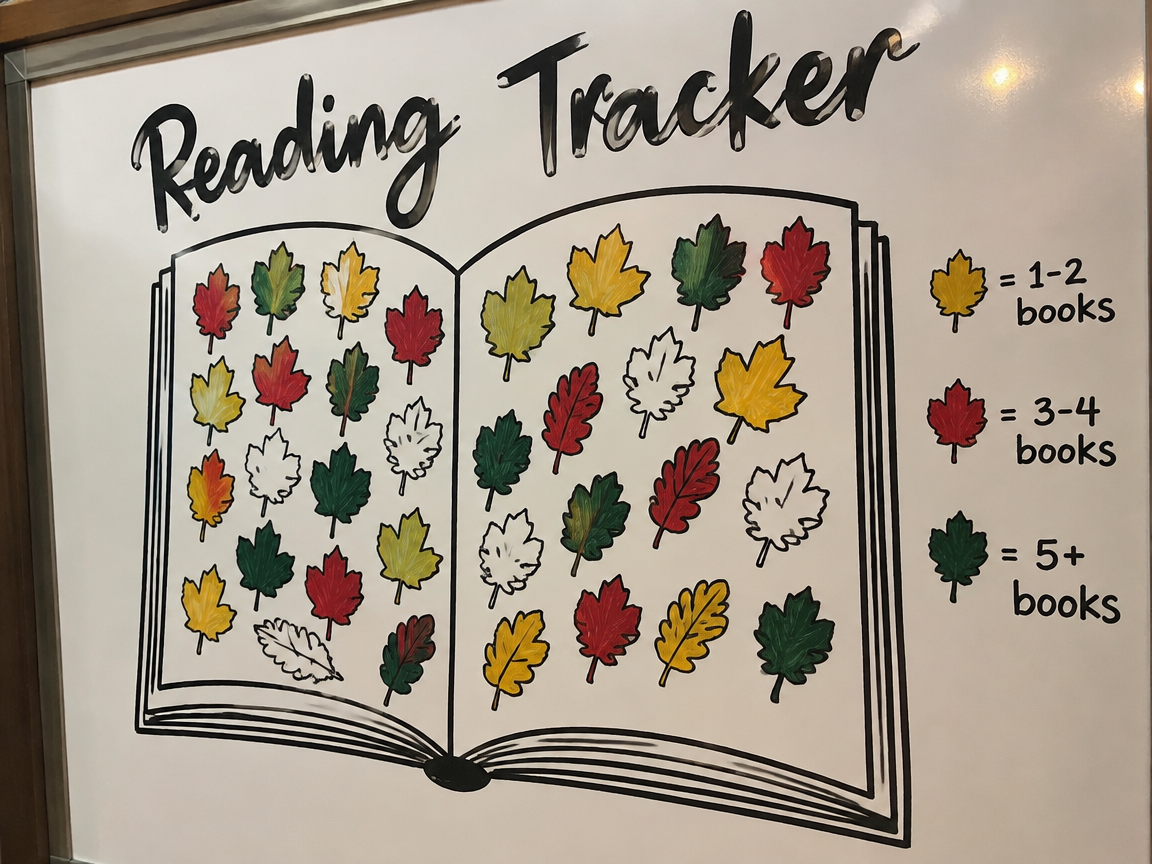 Fall reading tracker whiteboard with colorful leaves for books read