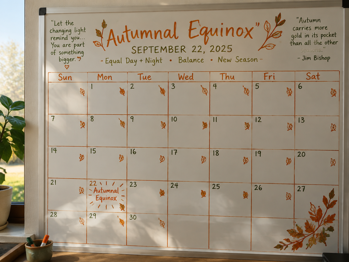 Autumnal equinox calendar whiteboard design with orange and burnt umber markers