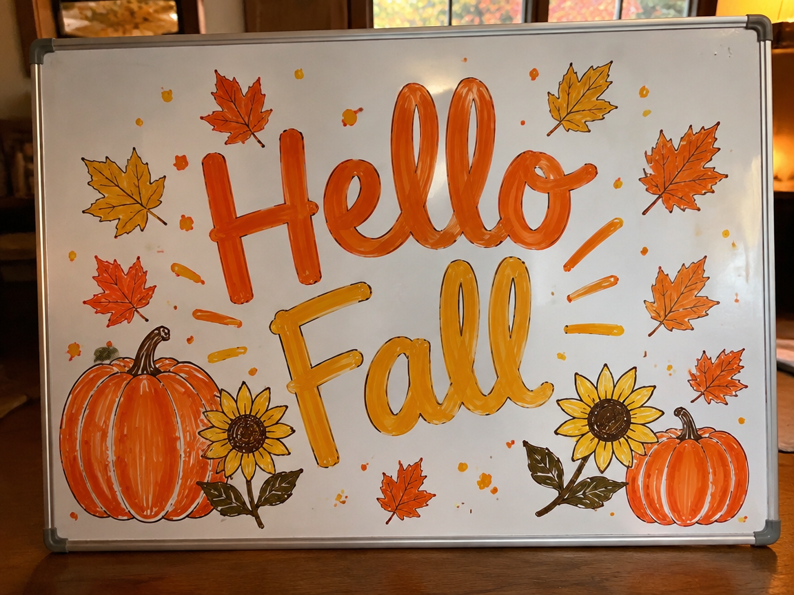 Hello Fall welcome whiteboard with pumpkins and sunflowers