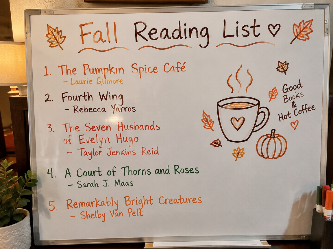 Cozy reading list whiteboard with coffee cup doodle and book titles