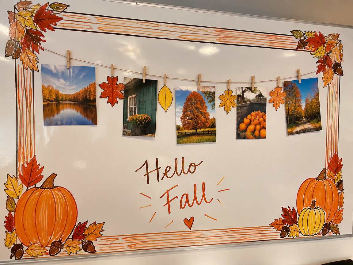 Fall photo display frame whiteboard with decorative border and clipped photos
