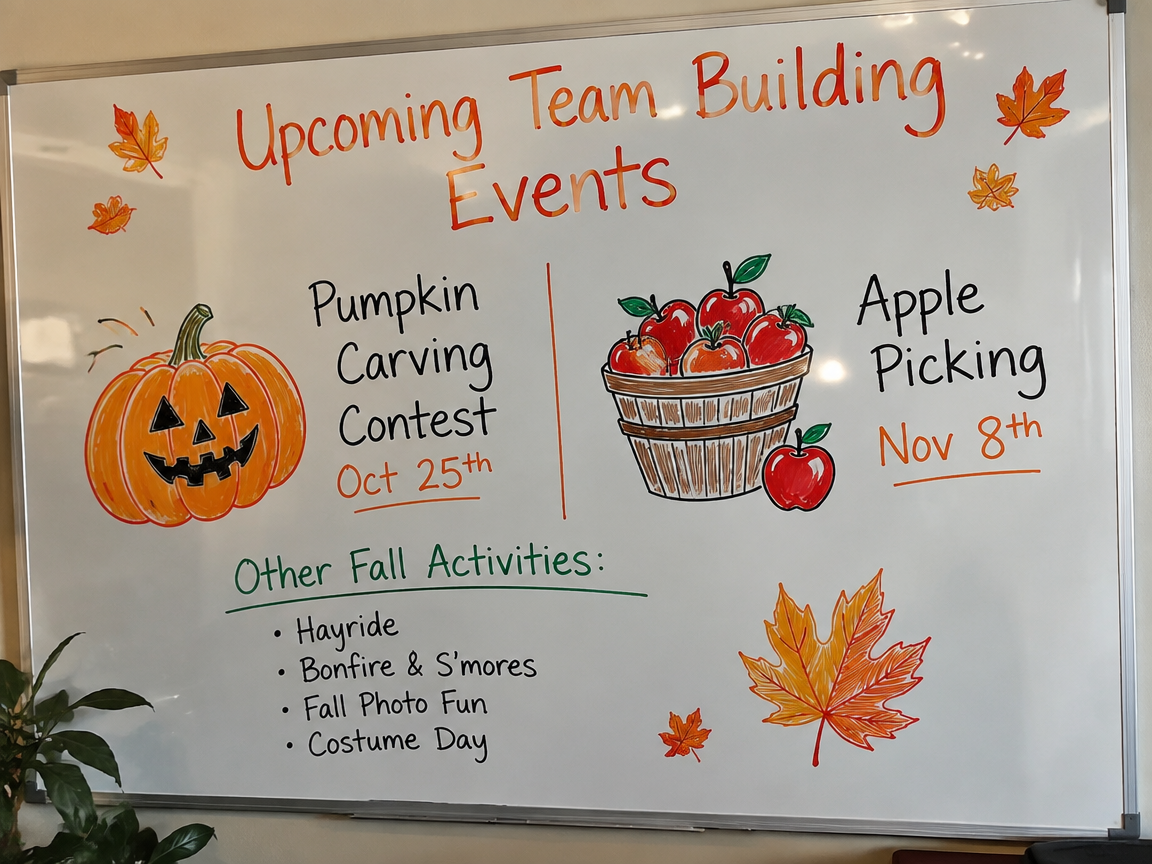 Fall team building schedule whiteboard with pumpkin carving event illustrations
