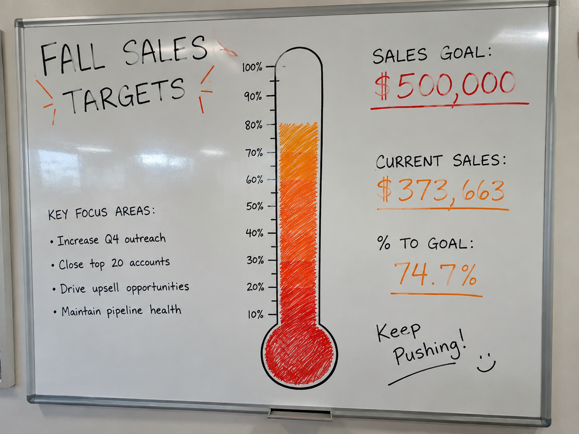 Fall sales goals whiteboard with thermometer progress bar in orange