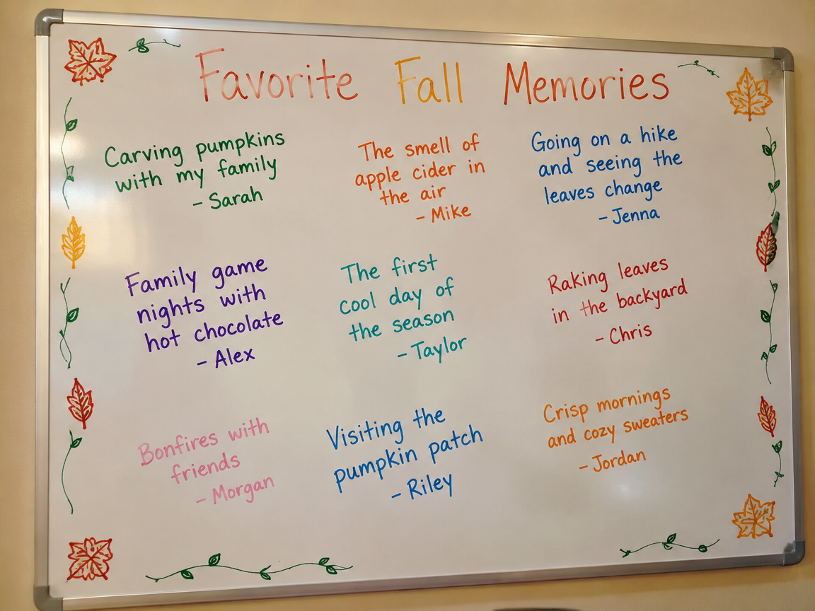 Fall memory wall whiteboard with handwritten memories and leaf borders