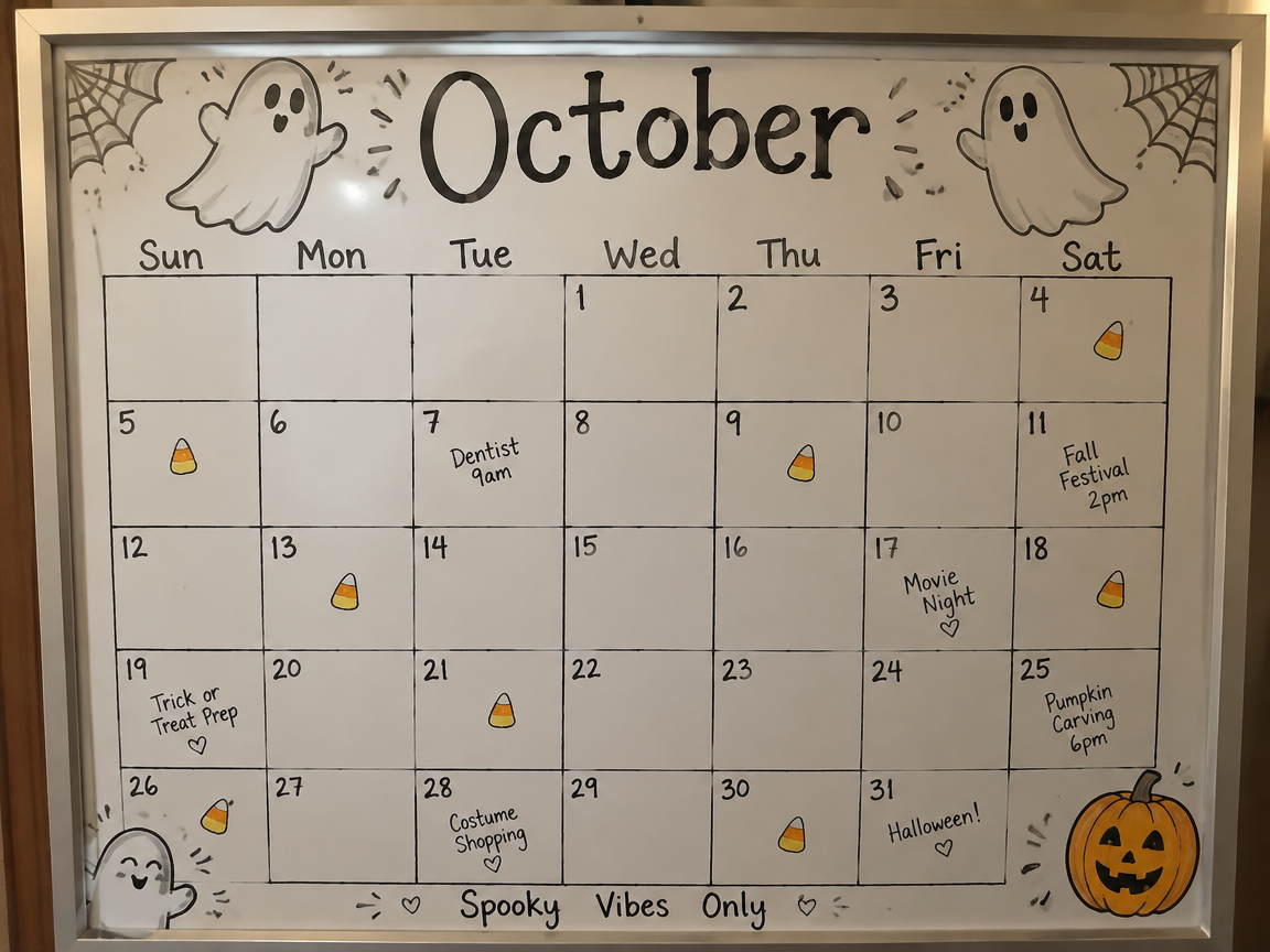 October calendar whiteboard with friendly ghost border