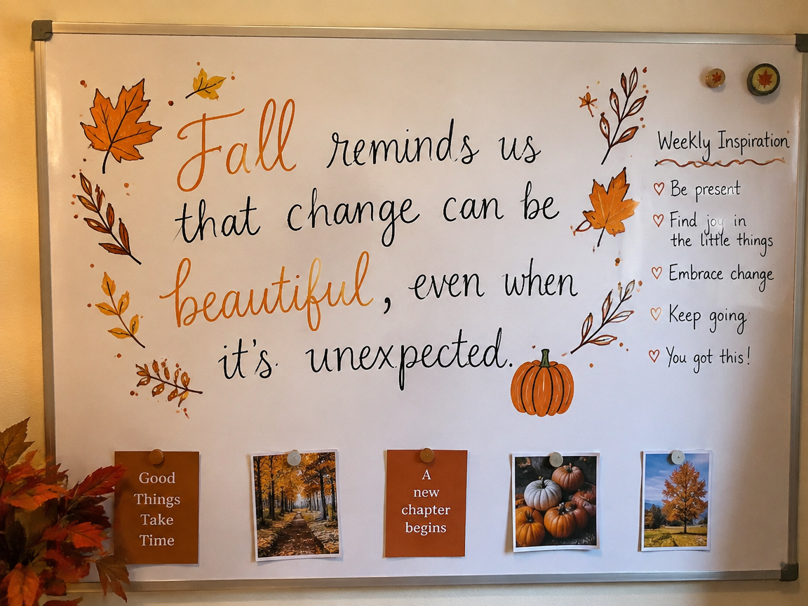 Fall quote of the week whiteboard with calligraphy and seasonal doodles