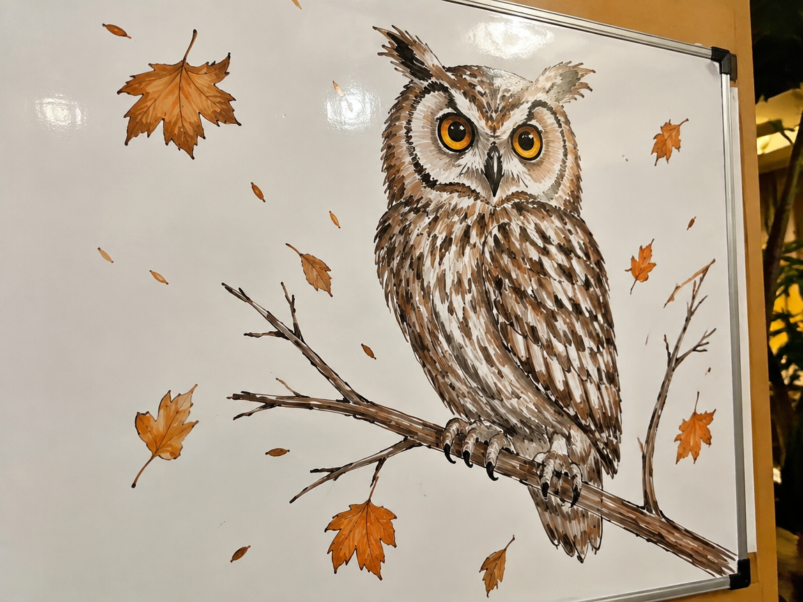 Owl on a branch whiteboard drawing with yellow eyes and falling leaves