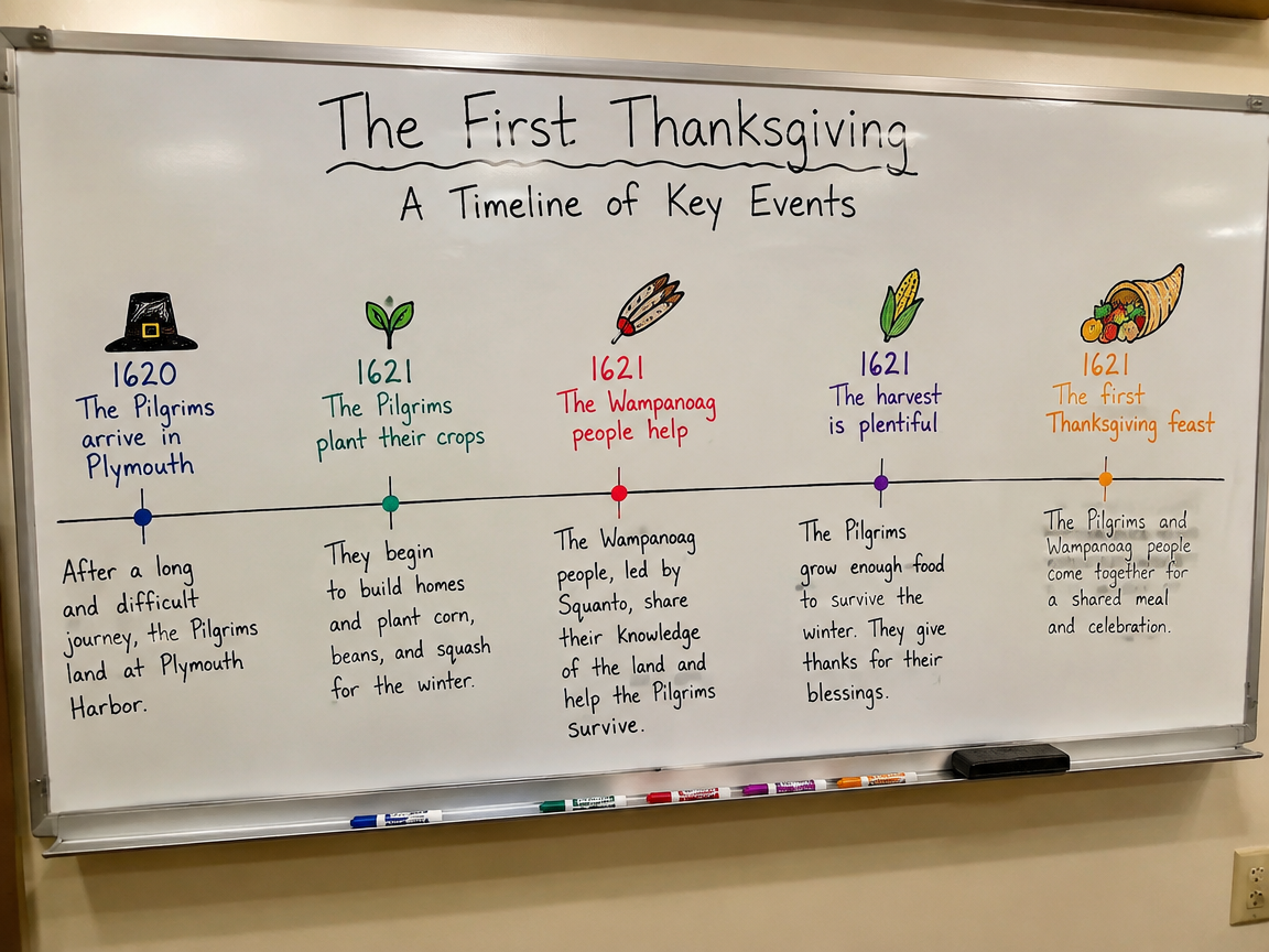 Thanksgiving history timeline whiteboard with pilgrim hat markers