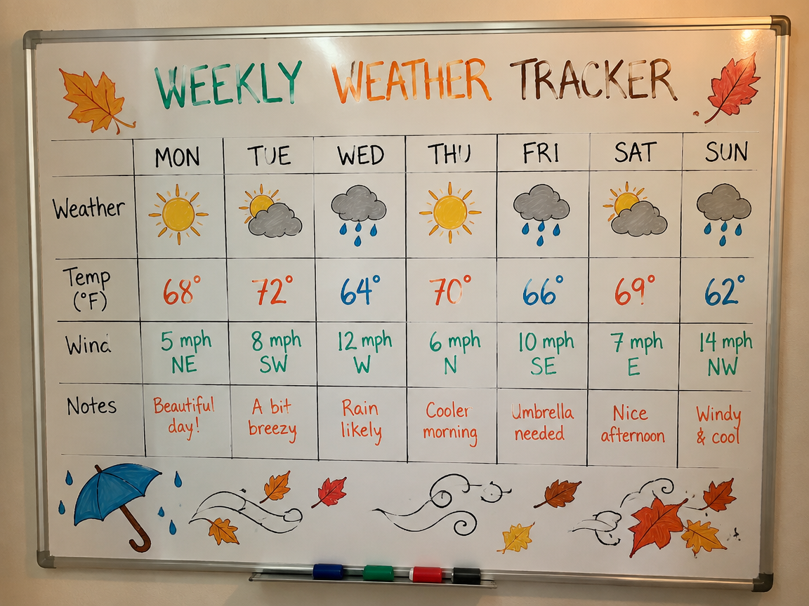 Fall weather chart whiteboard with seasonal weather icons