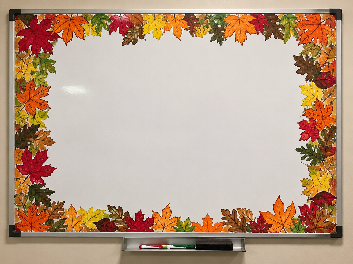 Fall foliage border design whiteboard with overlapping colorful leaves frame