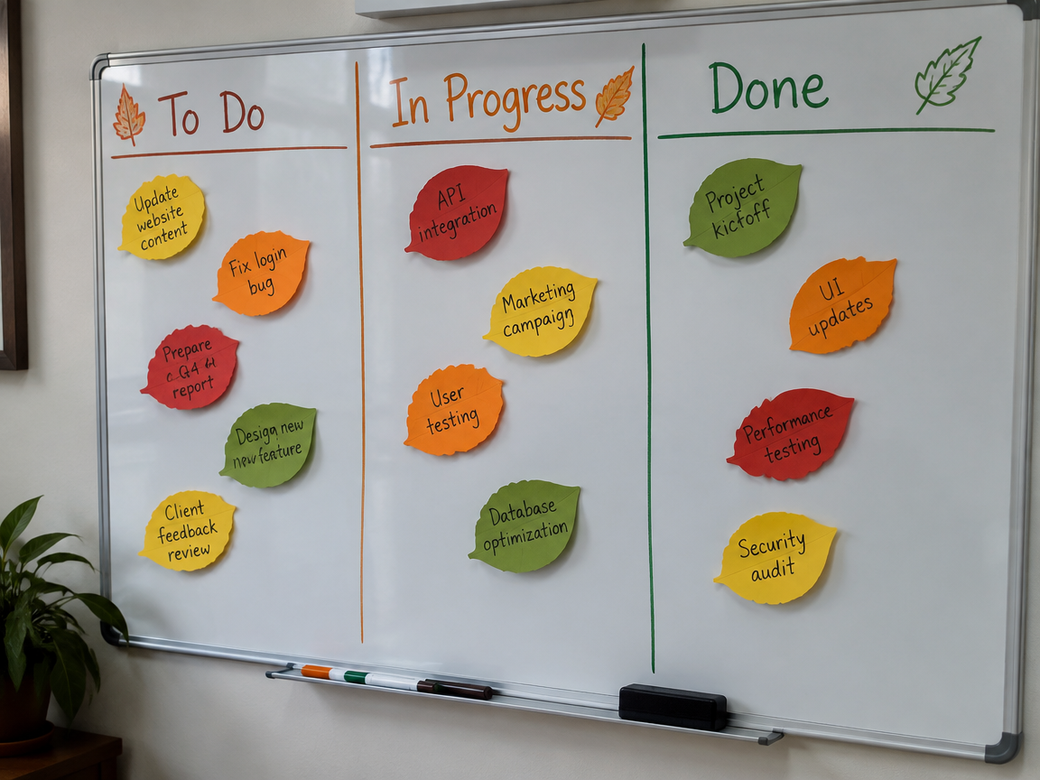 October project tracker kanban whiteboard with leaf sticky notes