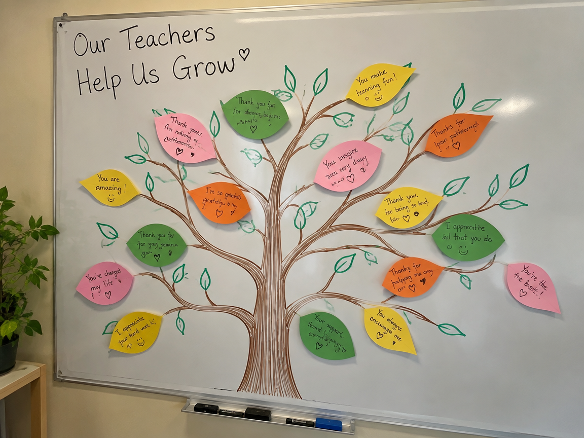 Teacher appreciation leaf board whiteboard with student thank-you notes