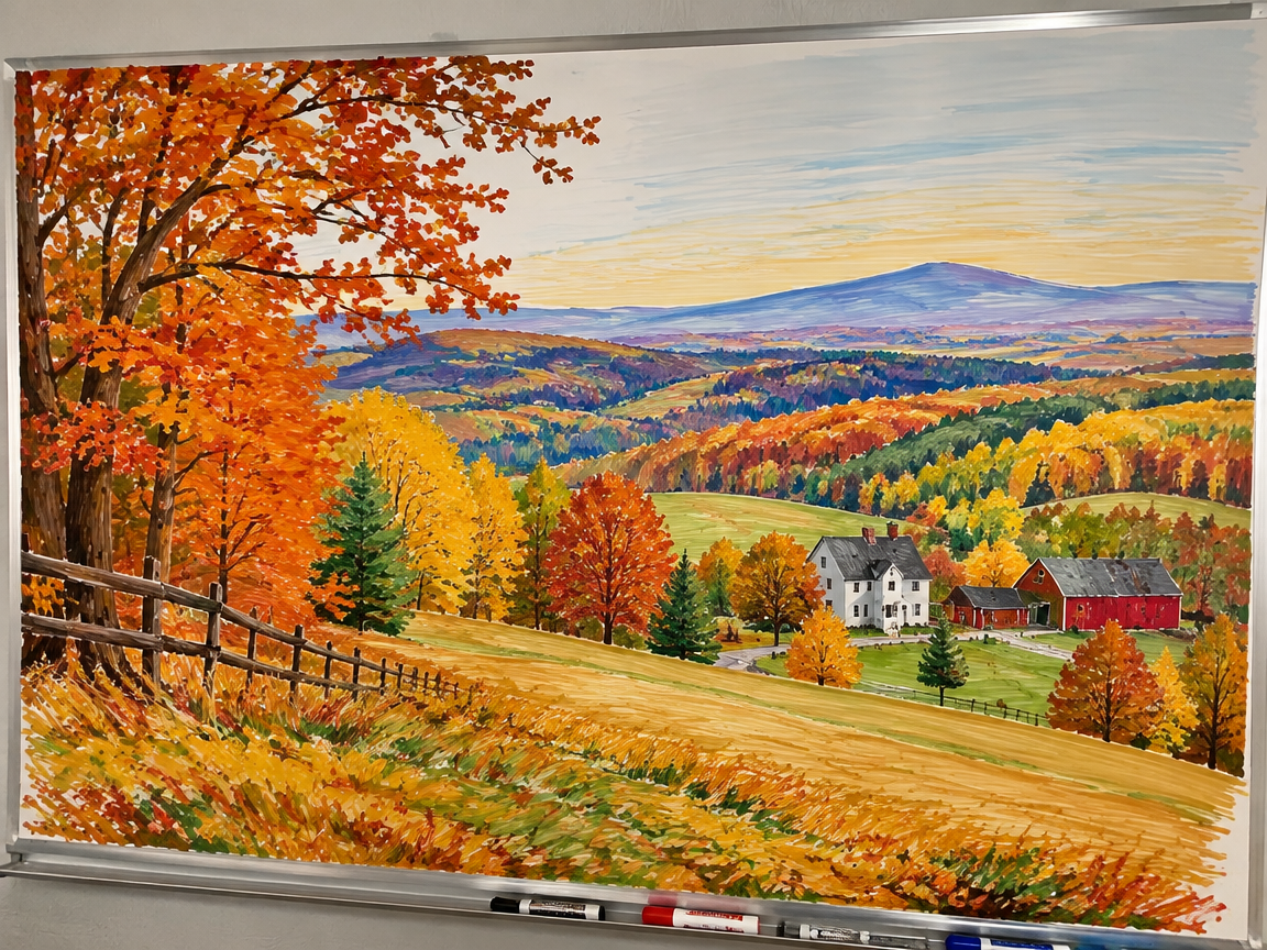 Fall landscape mural whiteboard with rolling hills and farmhouse