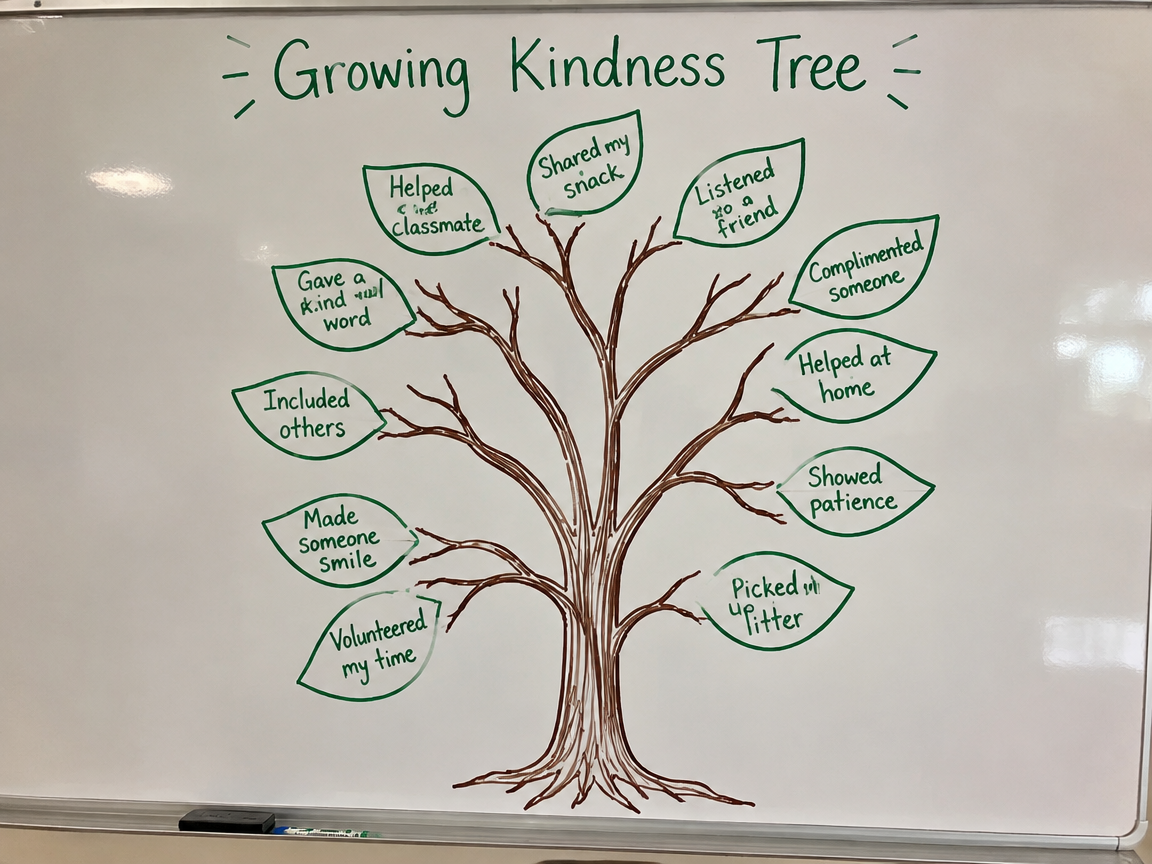 Kindness leaves board whiteboard with tree filling from kind acts