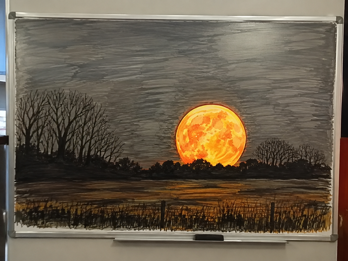 Harvest moon scene whiteboard with glowing moon over bare tree silhouettes