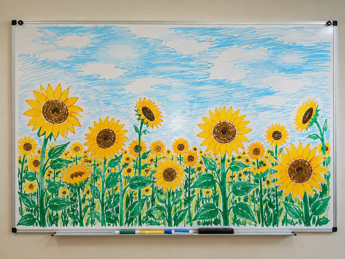 Sunflower field drawing whiteboard with yellow petals and blue sky