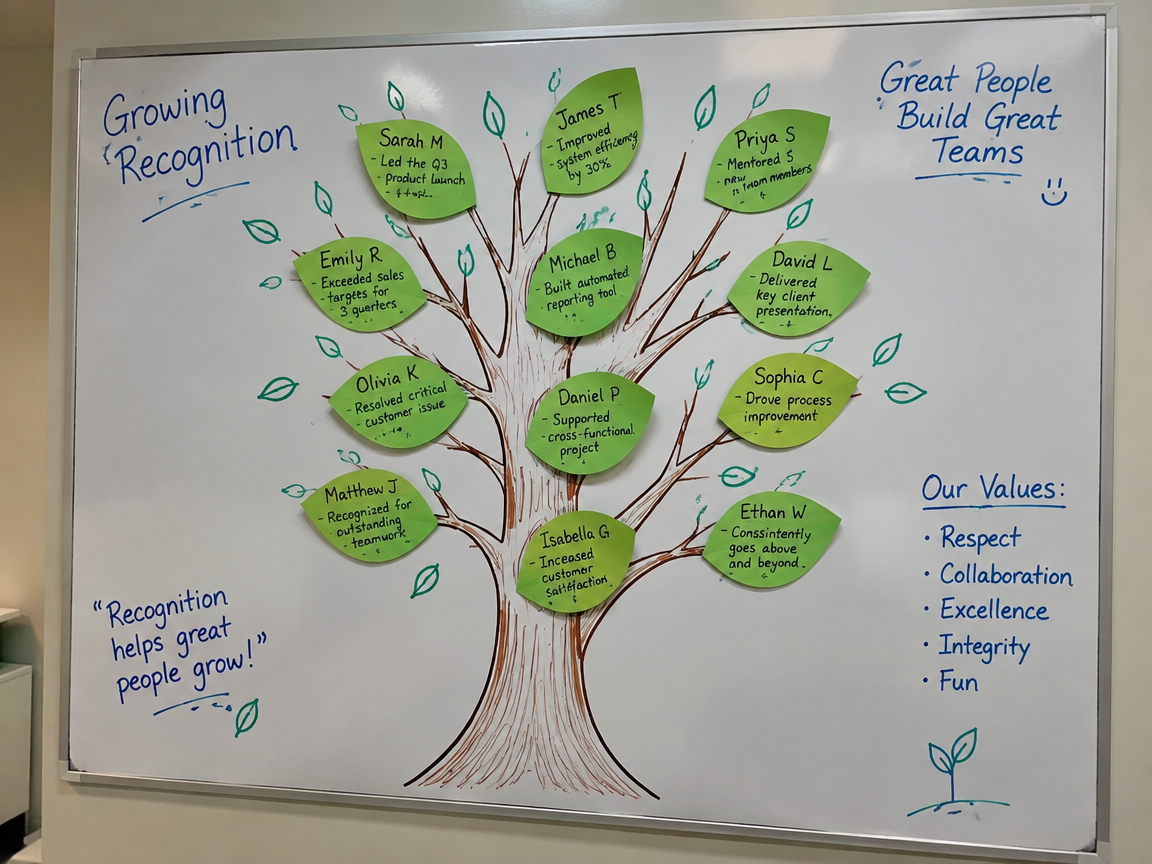 Employee recognition tree whiteboard with achievement leaves
