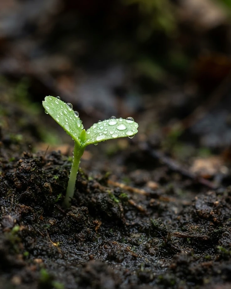 Green sprout emerging from rich soil