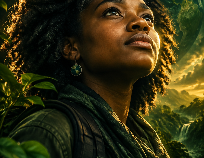 A young Black woman activist looking upward with hope, cinematic green and gold tones