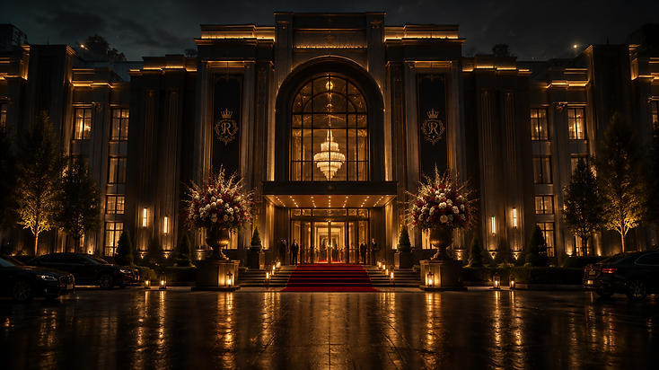 The Queen Kulture Ecos building at night with warm gold lighting, red carpet entrance, and elaborate flower arrangements