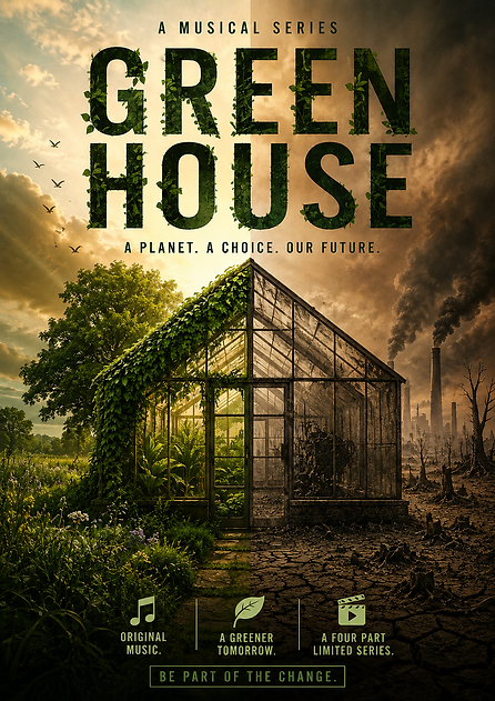 Official poster for Green House showing a split landscape, a thriving greenhouse beside a charred industrial one, with the tagline A planet. A choice. Our future. and the call to action Be part of the change