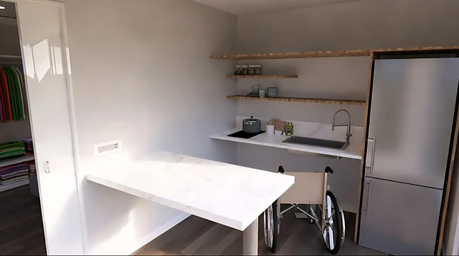 The Independence kitchen and living drawing