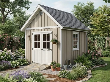 Concept rendering of a compact utility storage shed, beige siding, charcoal roof