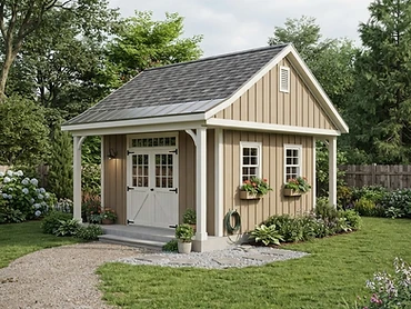 Concept rendering of a hobby workshop shed with double doors and side windows