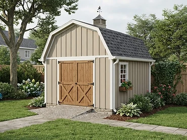 Concept rendering of a gambrel-roof barn-style shed, beige siding, charcoal shingles