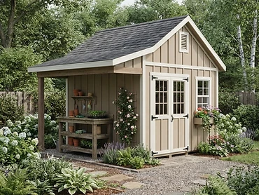Concept rendering of a garden-style storage shed with extended overhang, beige siding