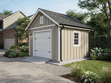 Concept rendering of a garage-style shed with a roll-up door, beige siding