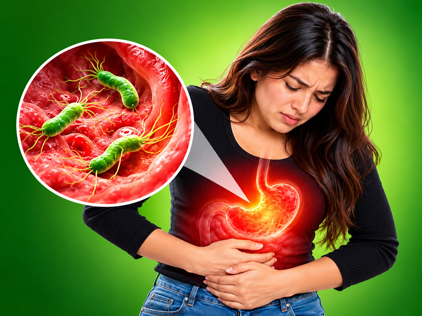 Visualización de salud gastrointestinal — estómago iluminado y bacteria Helicobacter pylori, Clínica Natupram