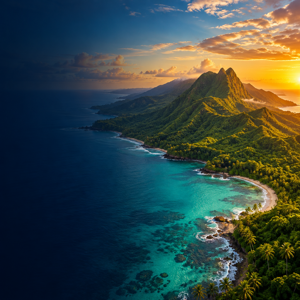 Tropical Puerto Rico coastline with lush green mountains meeting turquoise Caribbean sea at golden hour
