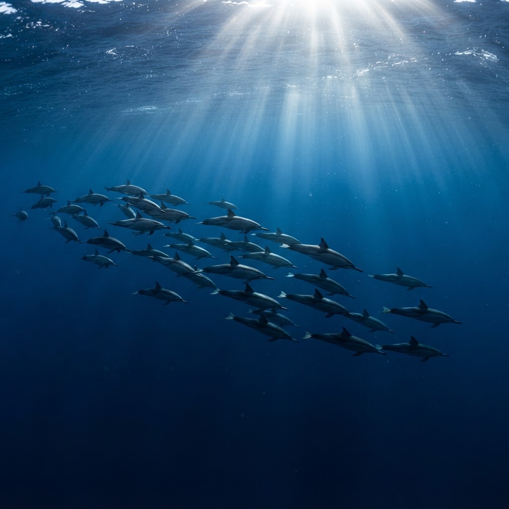 Dolphins swimming in the deep blue ocean