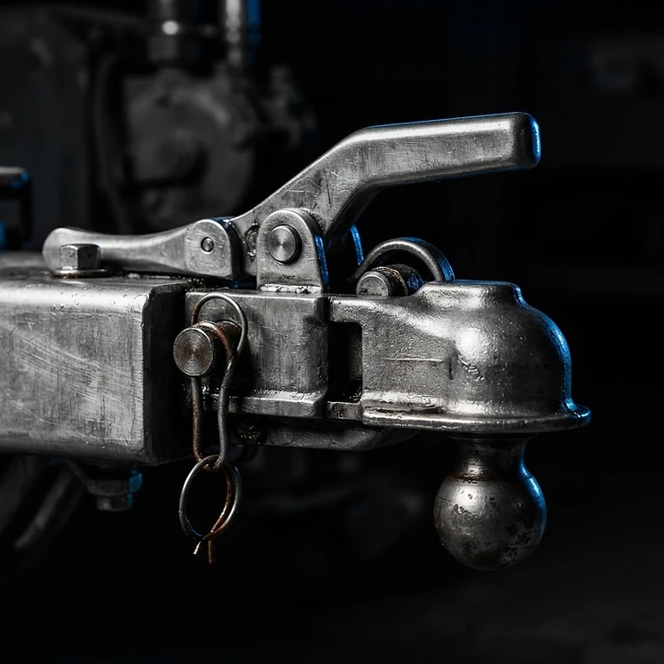 Macro shot of a heavy-duty steel trailer hitch