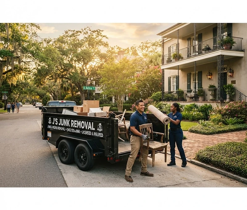 J's Junk Removal crew loading a branded dump trailer in a Charleston driveway at golden hour