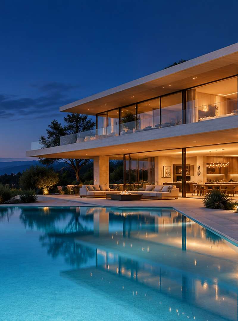 Modern glass hillside estate and infinity pool at blue hour
