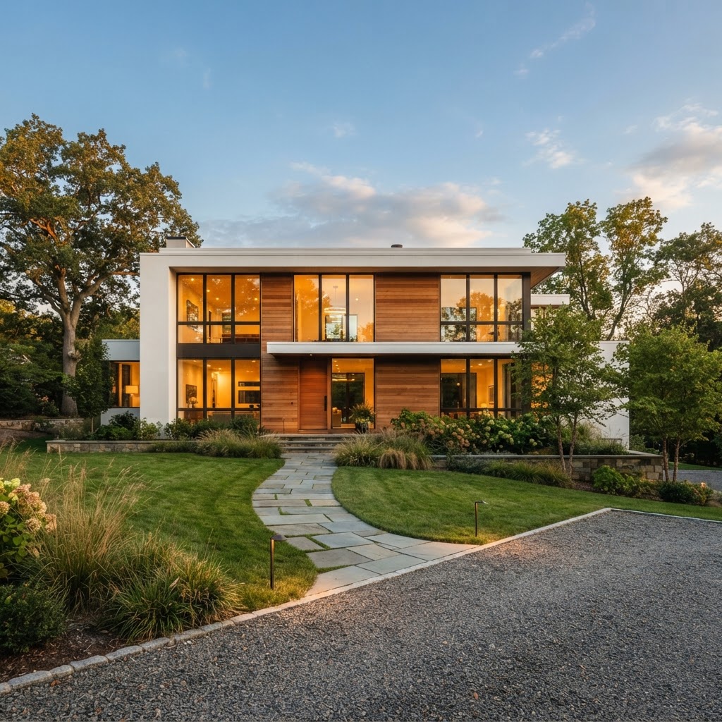 Modern family home exterior at golden hour