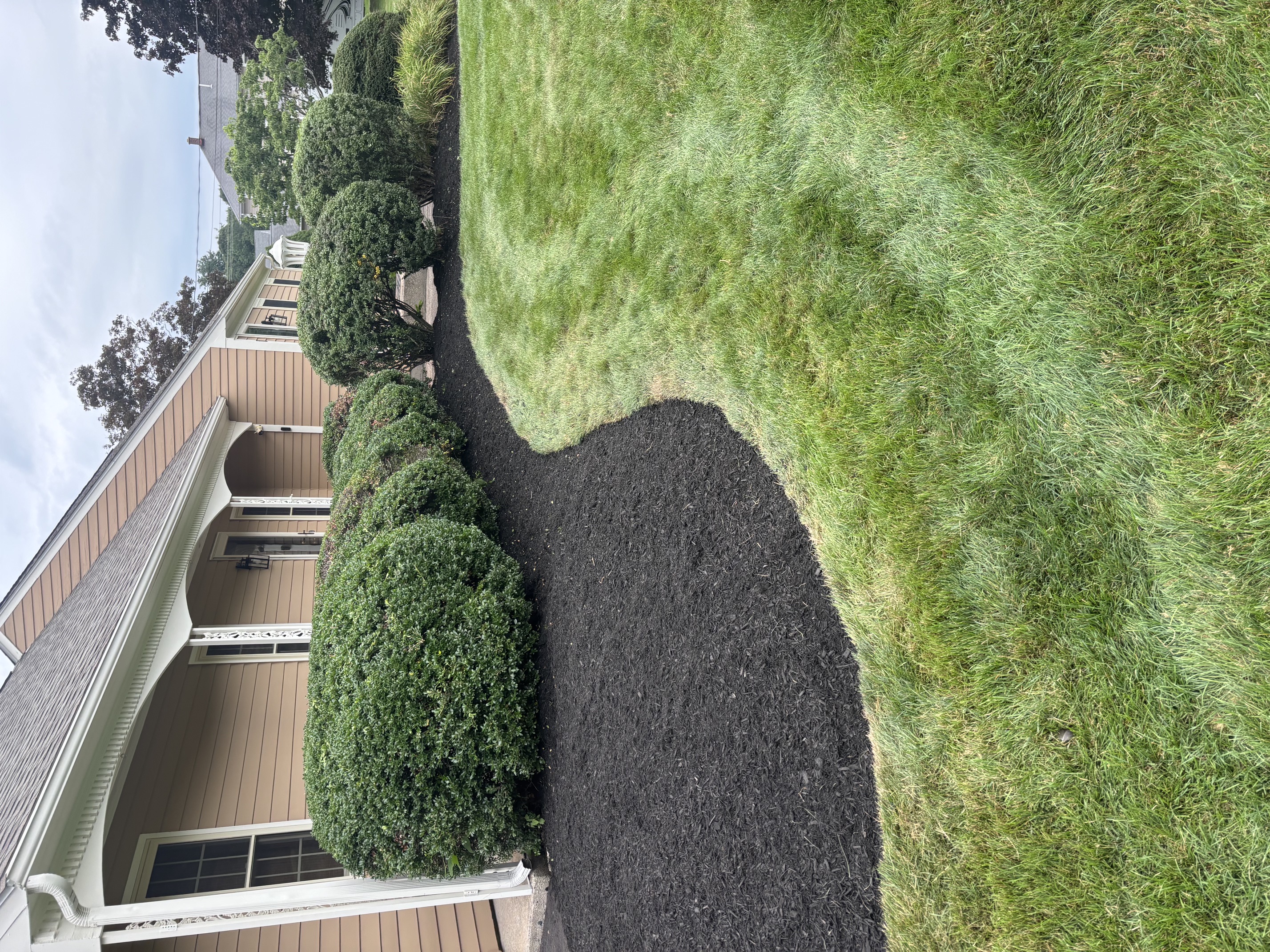Freshly mulched shrub and plant beds maintained as part of a landscape care program in Rhode Island