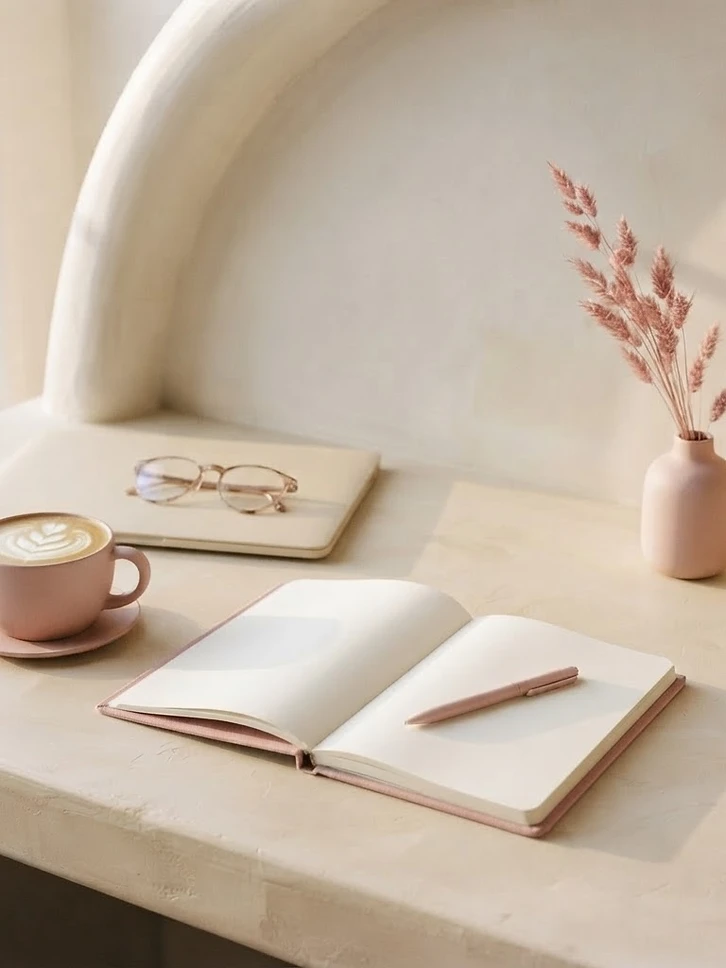 A calm desk with a latte, a pink notebook and a shaft of afternoon light